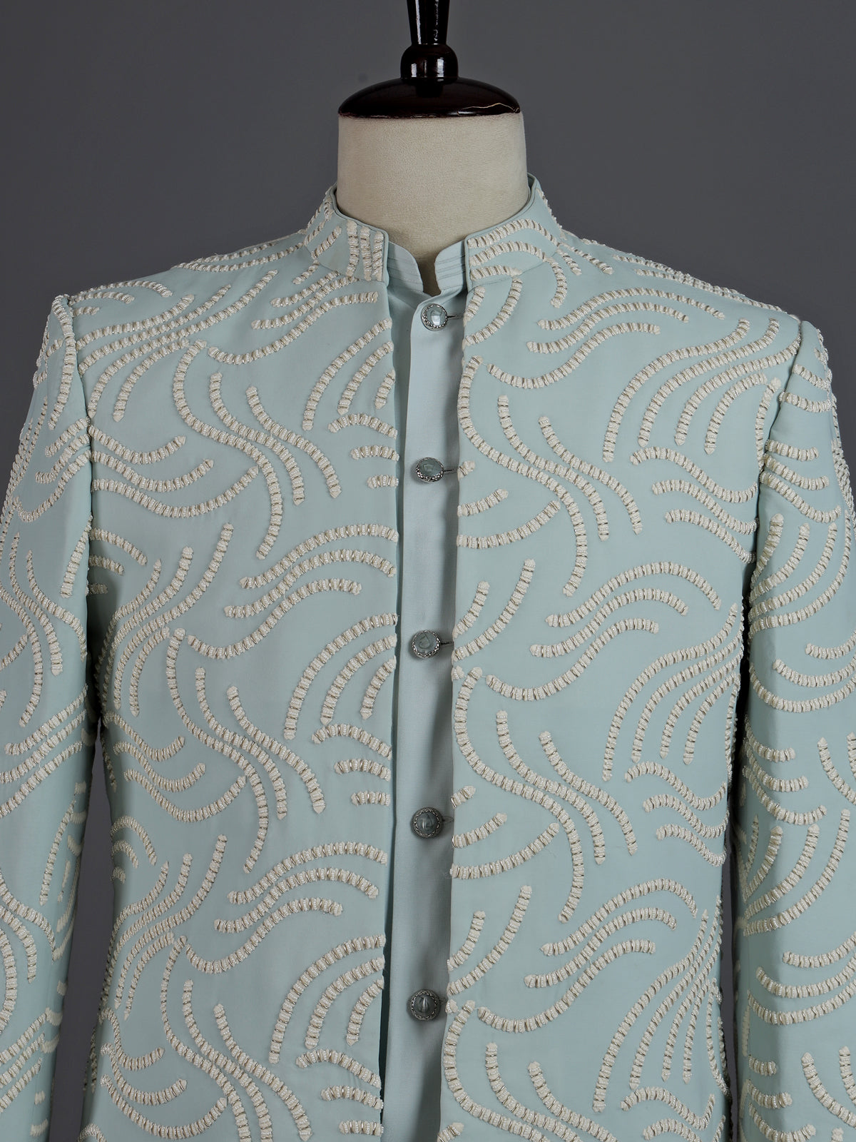 Powder mint blue embellished mens indo western bandhgala jacket