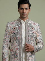 Off white embellished poly viscose mens indo western jacket