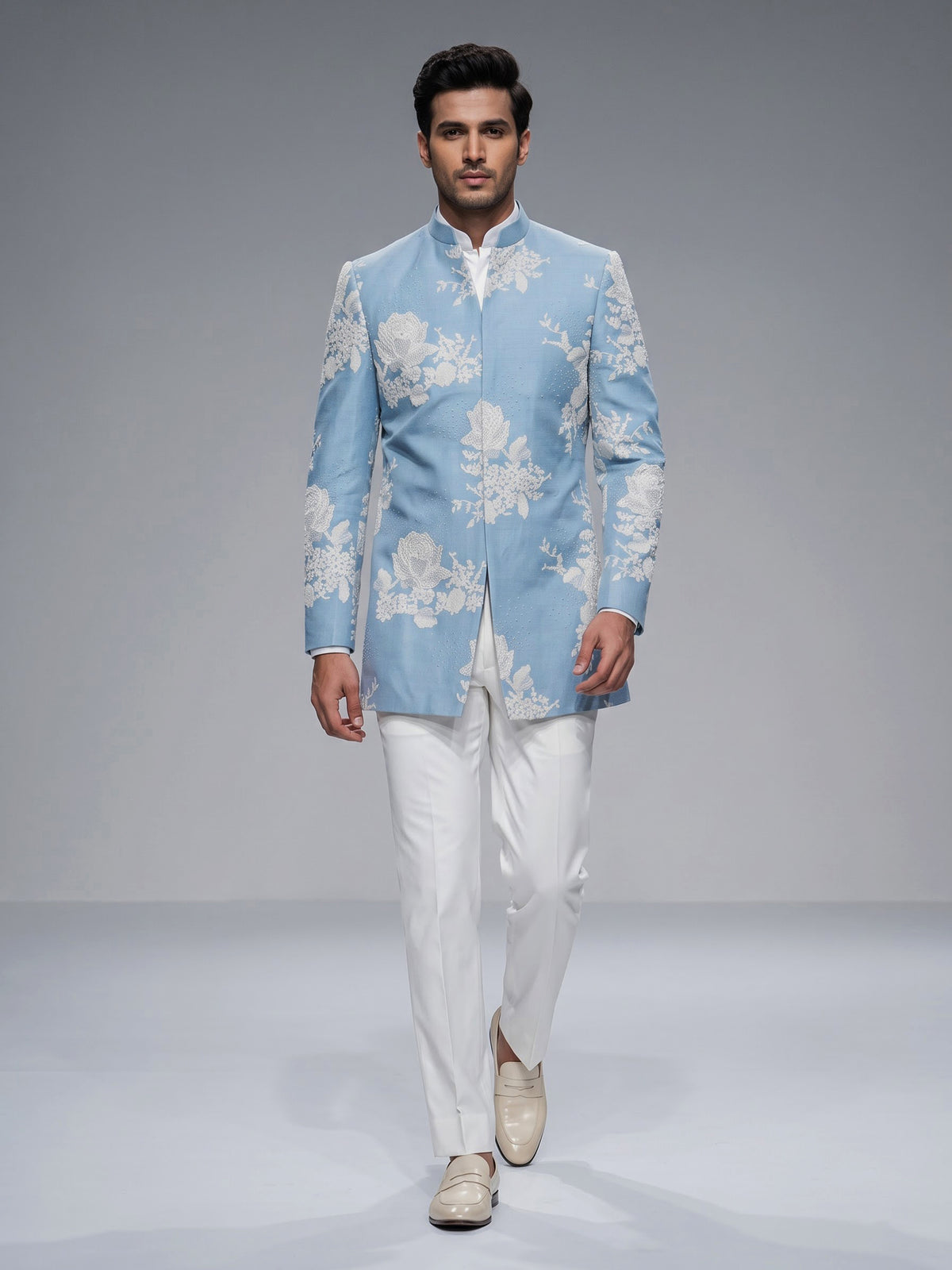Pastel powder blue brocade silk mens indo western jacket