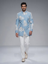 Pastel powder blue brocade silk mens indo western jacket