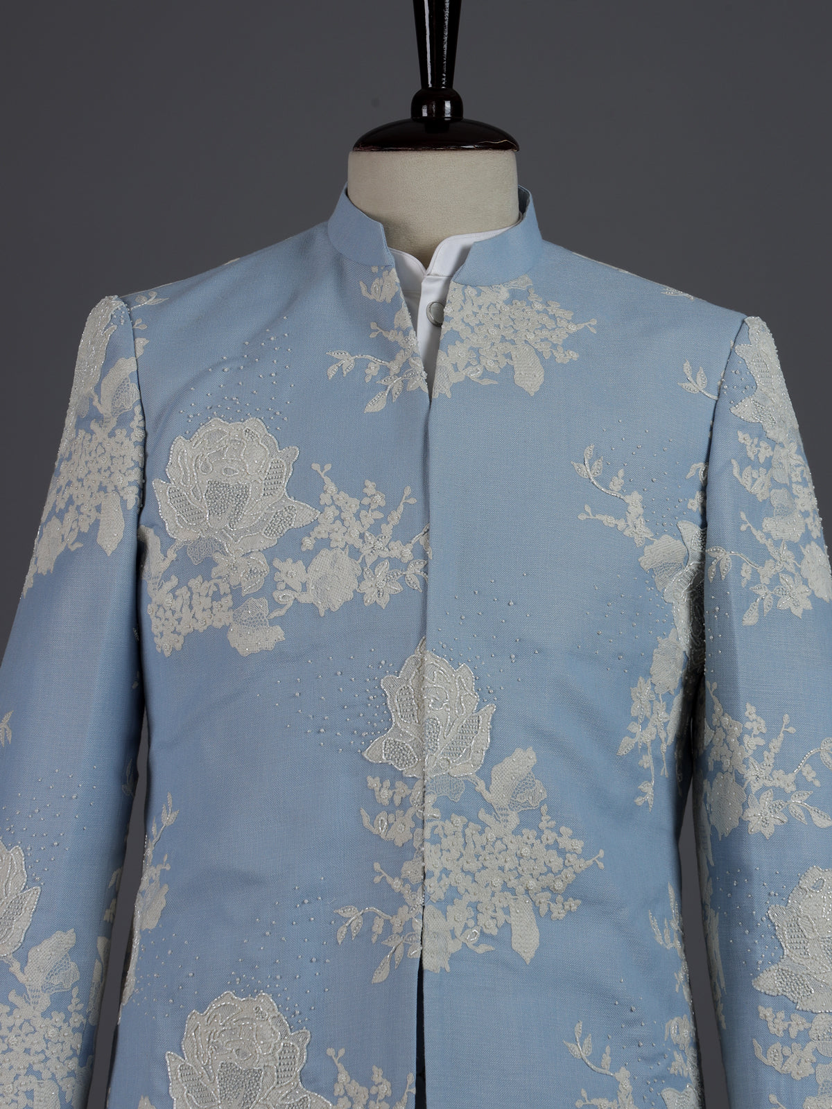 Pastel powder blue brocade silk mens indo western jacket