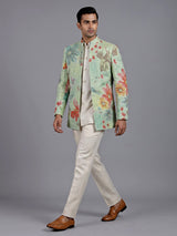 Seafoam green floral jute linen mens indo western jacket
