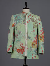 Seafoam green floral jute linen mens indo western jacket