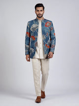 Teal blue floral jute linen mens indo western jacket
