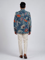 Teal blue floral jute linen mens indo western jacket