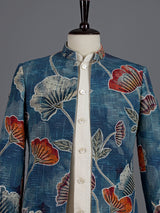 Teal blue floral jute linen mens indo western jacket