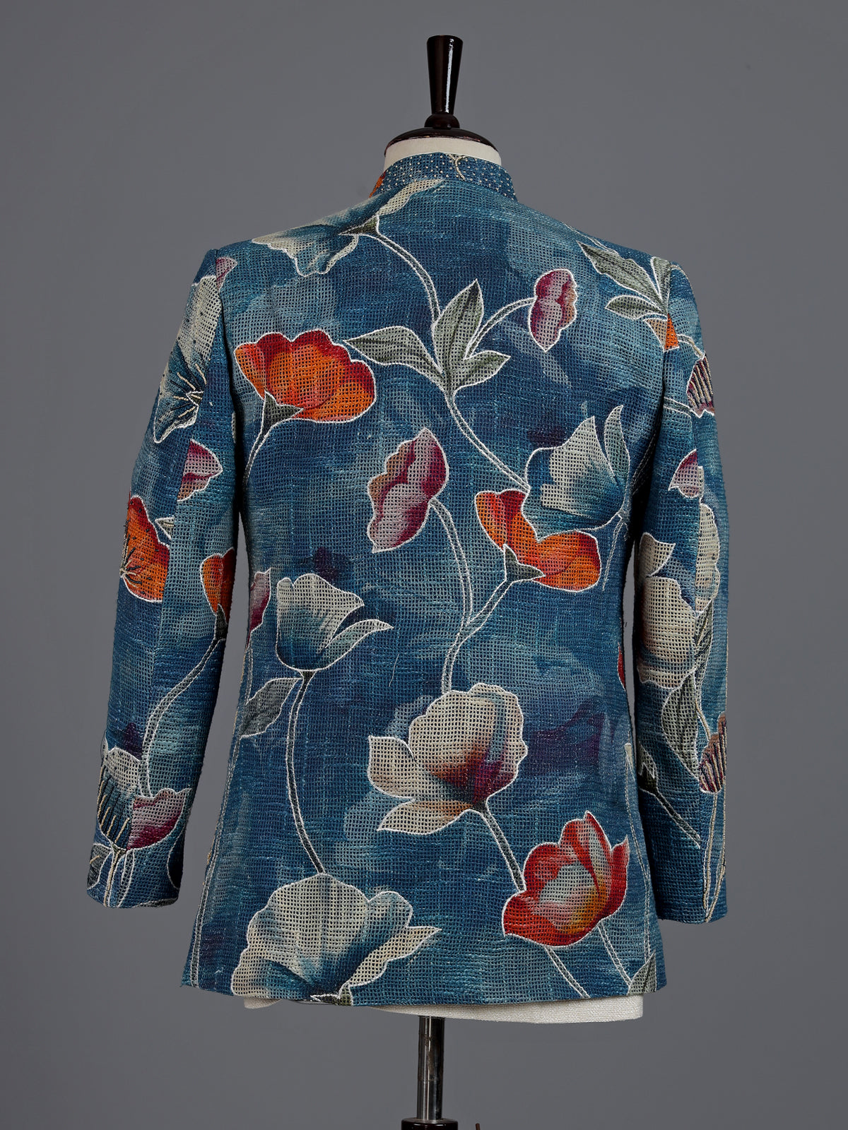 Teal blue floral jute linen mens indo western jacket