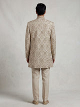Beige thread zari dupion silk mens indo western jacket