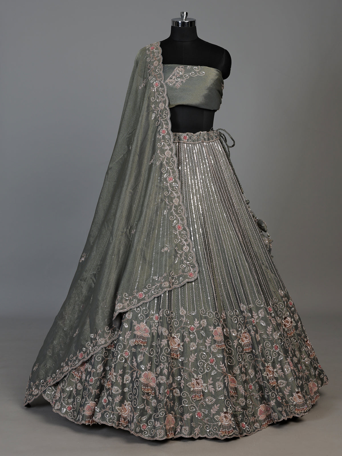Grey shimmer silk embellished lehenga choli for women