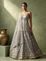 Ice blue mirror zardosi women’s organza silk lehenga choli