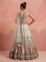 Cream silk jacquard heritage embroidered lehenga for women
