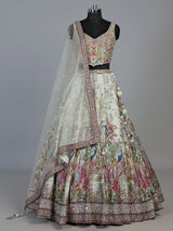 Cream silk jacquard heritage embroidered lehenga for women