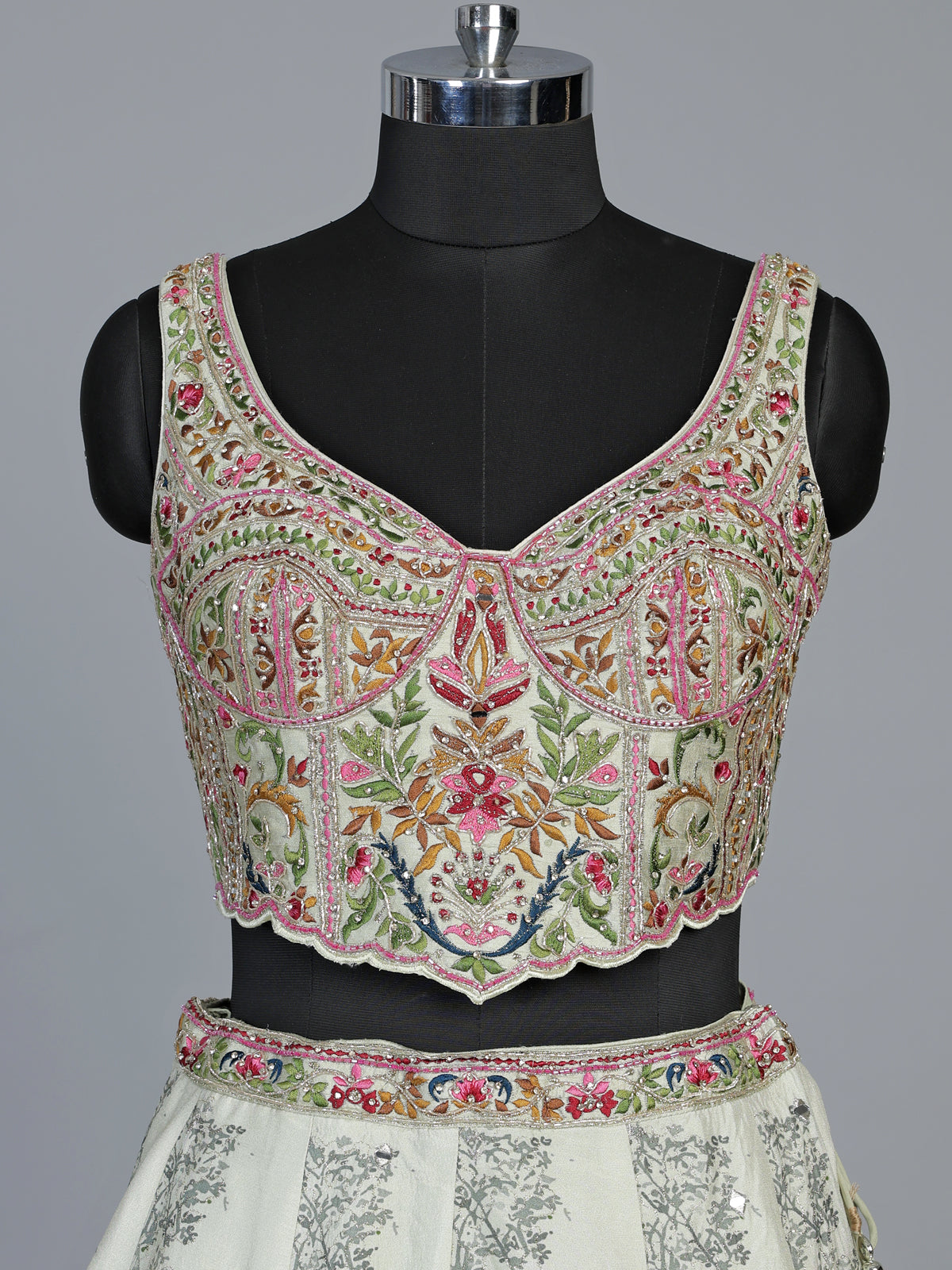 Cream silk jacquard heritage embroidered lehenga for women