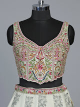 Cream silk jacquard heritage embroidered lehenga for women
