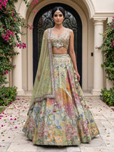 Pista green silk satin exquisite garden lehenga for women