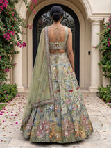 Pista green silk satin exquisite garden lehenga for women