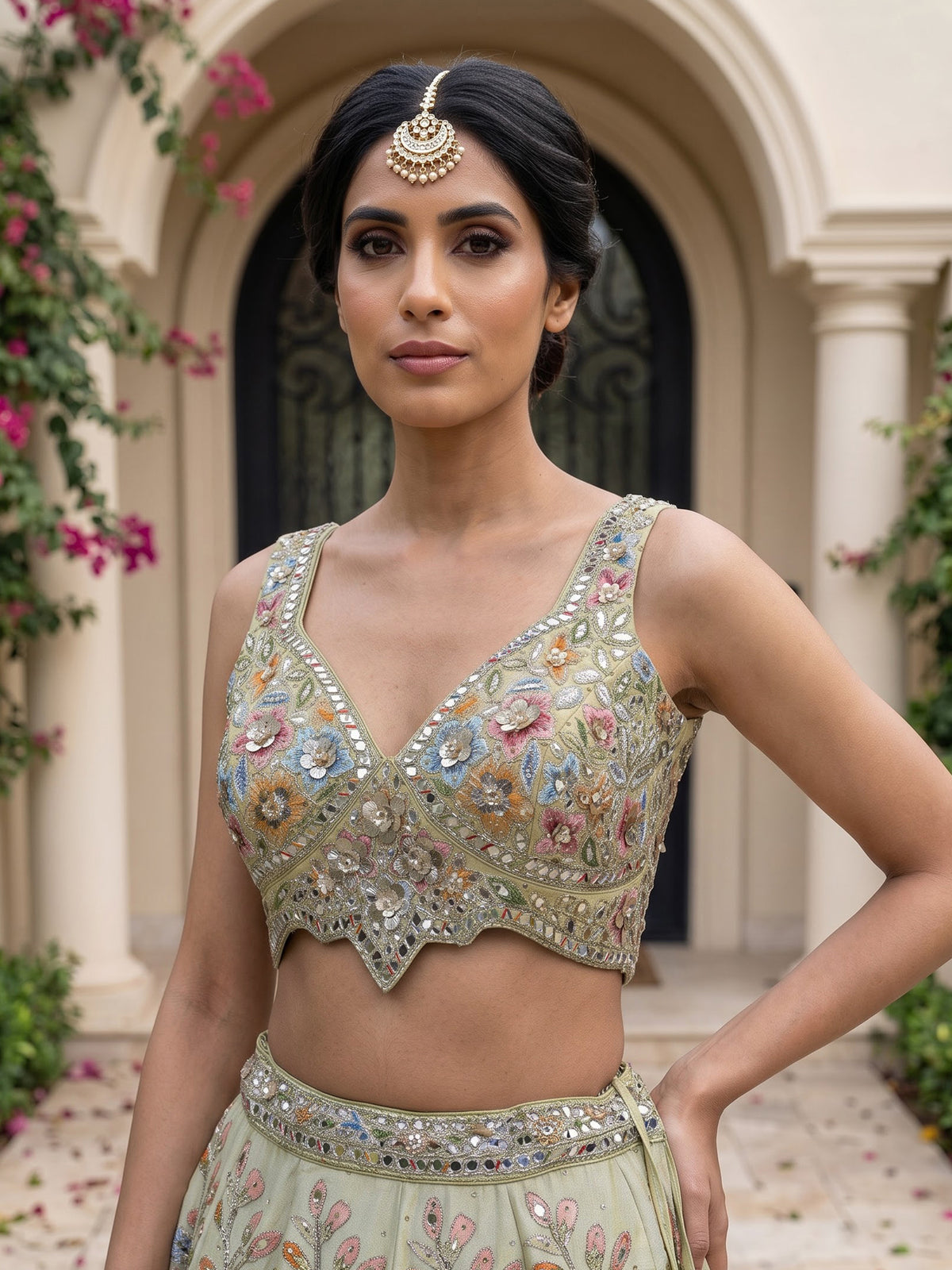 Pista green silk satin exquisite garden lehenga for women