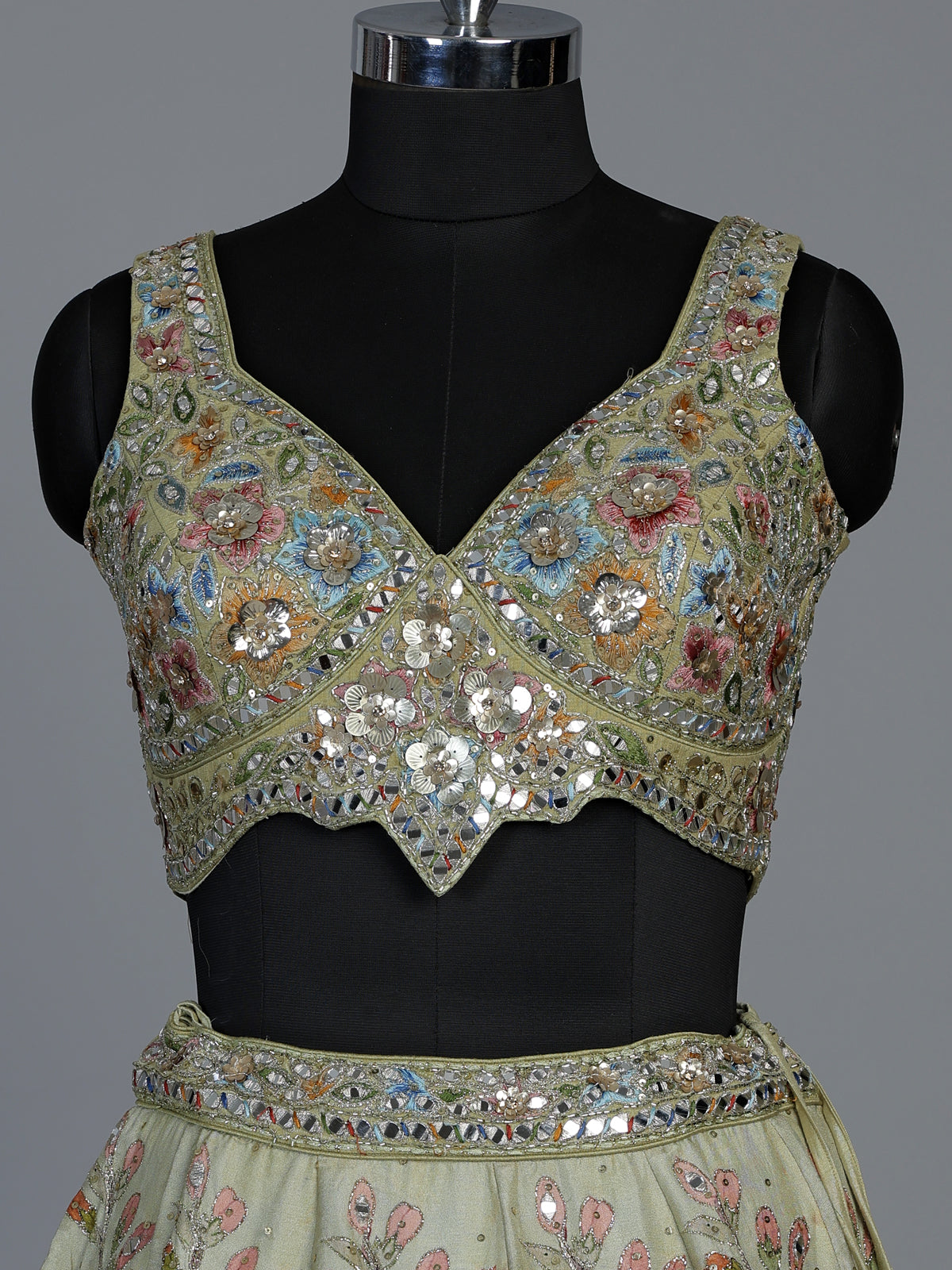 Pista green silk satin exquisite garden lehenga for women