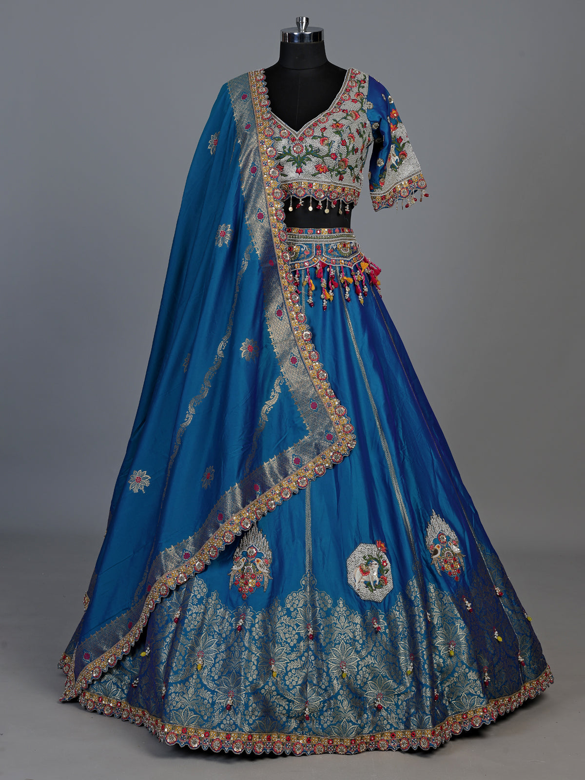 Rama blue silk dupion heritage lehenga choli for women