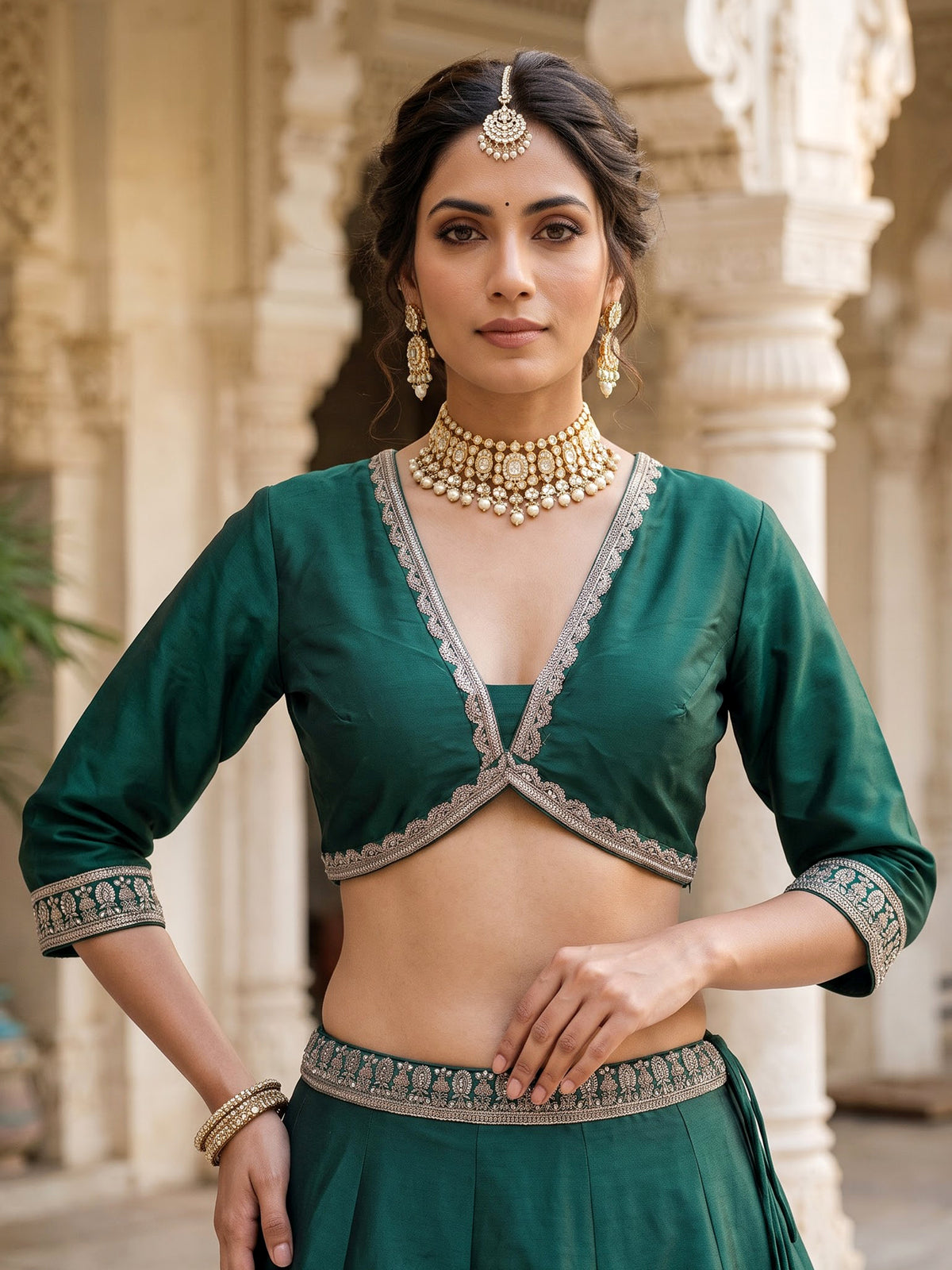 Bottle green silk dupion regal embellished lehenga for women