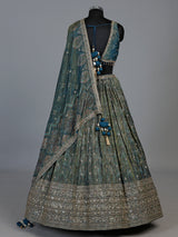 Deep peacock teal blue tissue georgette lehenga for women