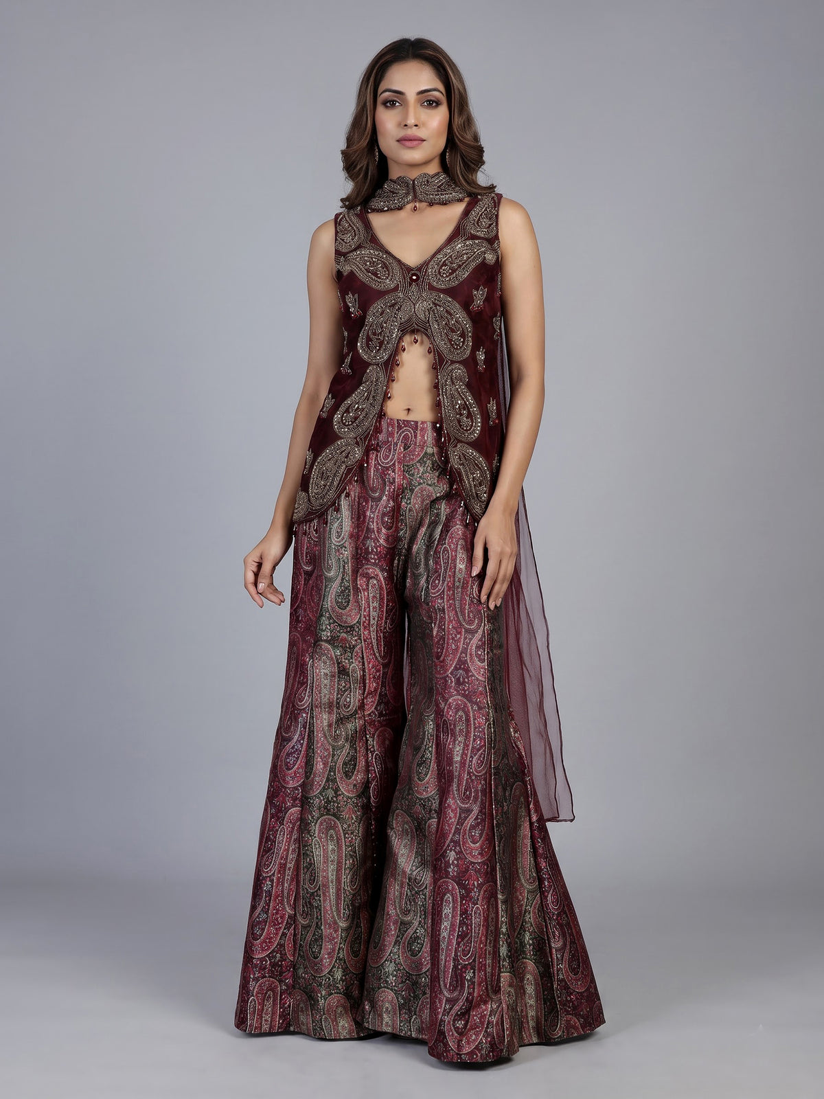 Wine printed silk banarasi palazzo suit with elegant dupatta