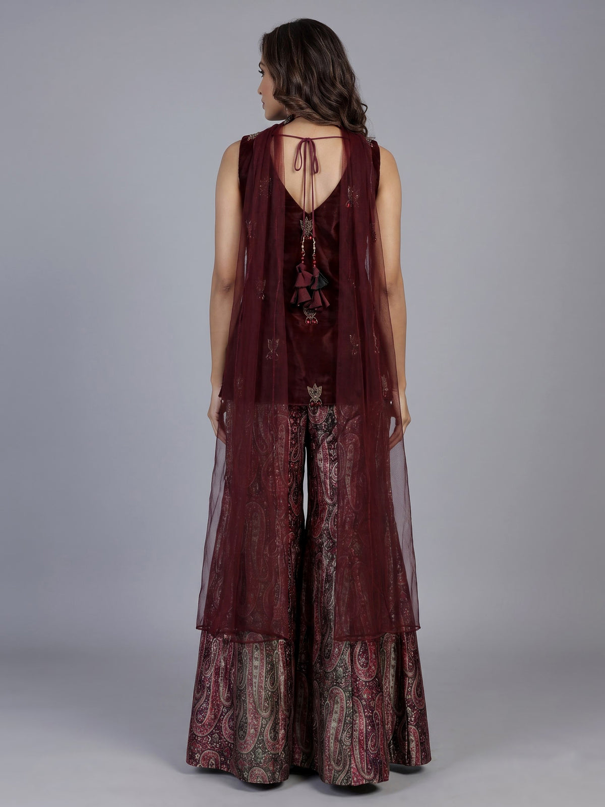 Wine printed silk banarasi palazzo suit with elegant dupatta