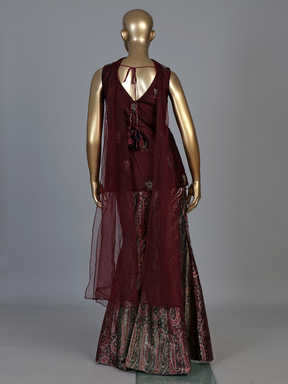 Wine printed silk banarasi palazzo suit with elegant dupatta