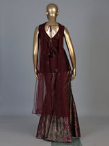 Wine printed silk banarasi palazzo suit with elegant dupatta