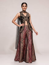 Black printed silk banarasi palazzo suit with dupatta