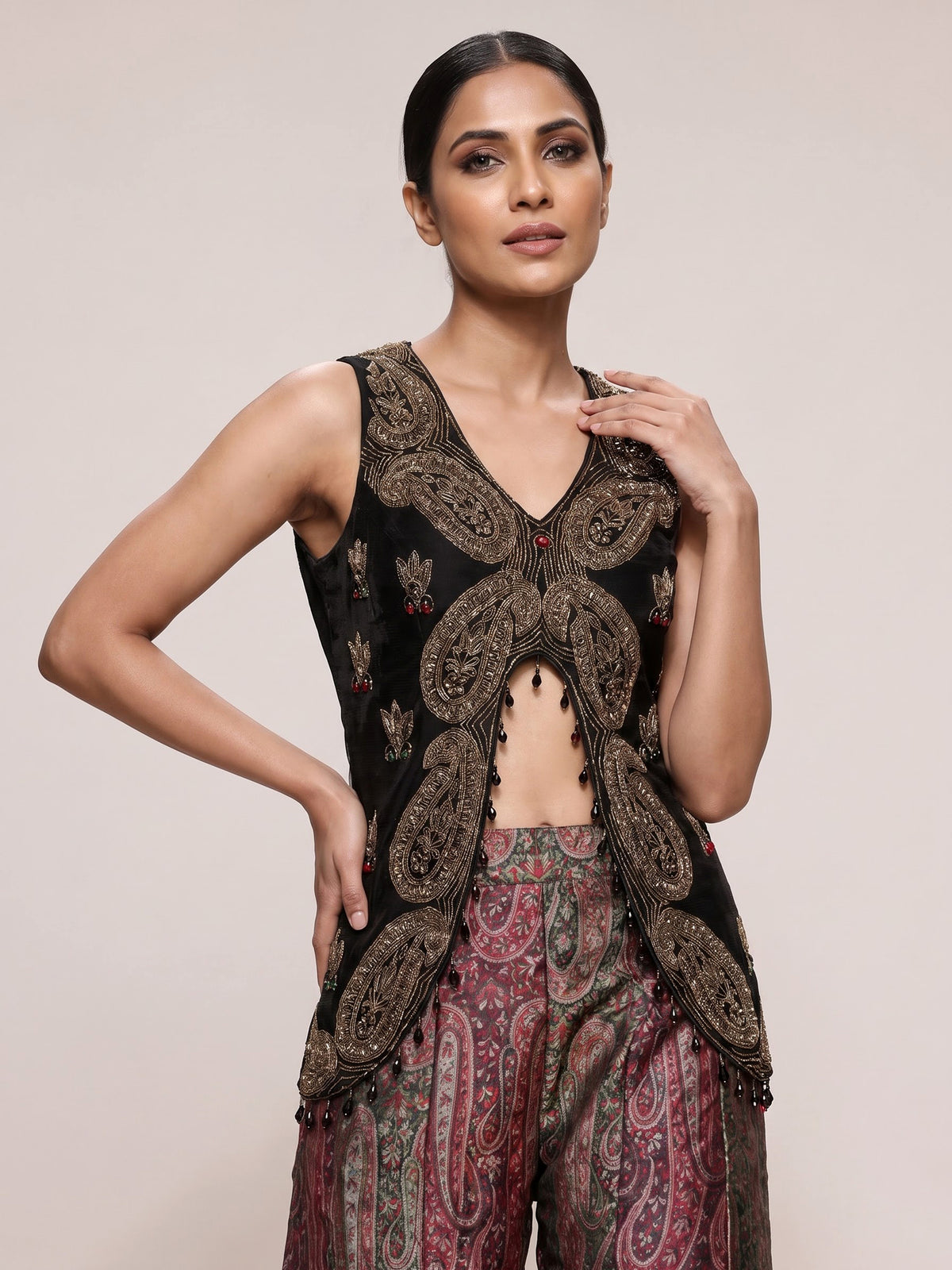 Black printed silk banarasi palazzo suit with dupatta