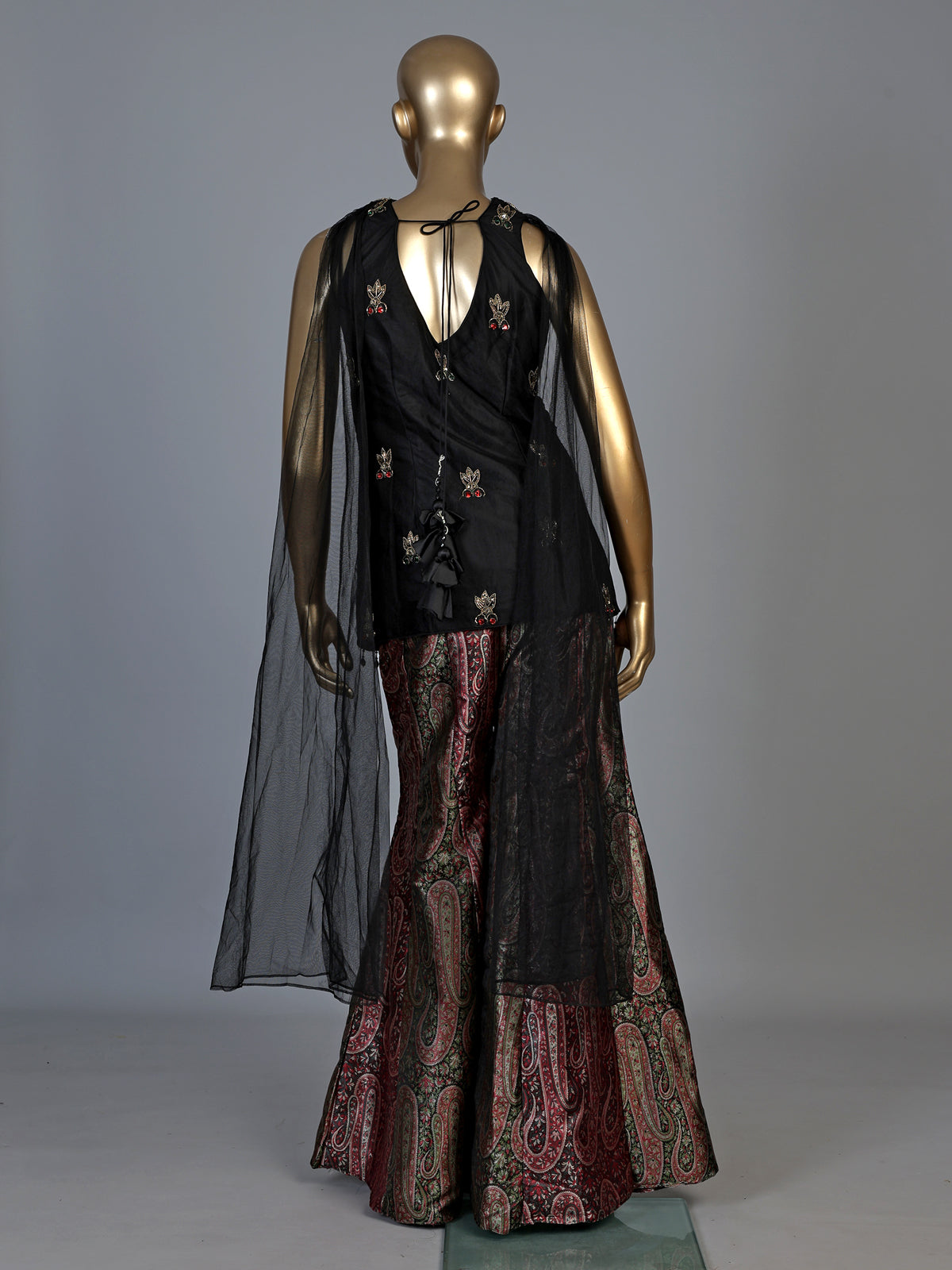 Black printed silk banarasi palazzo suit with dupatta
