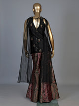 Black printed silk banarasi palazzo suit with dupatta