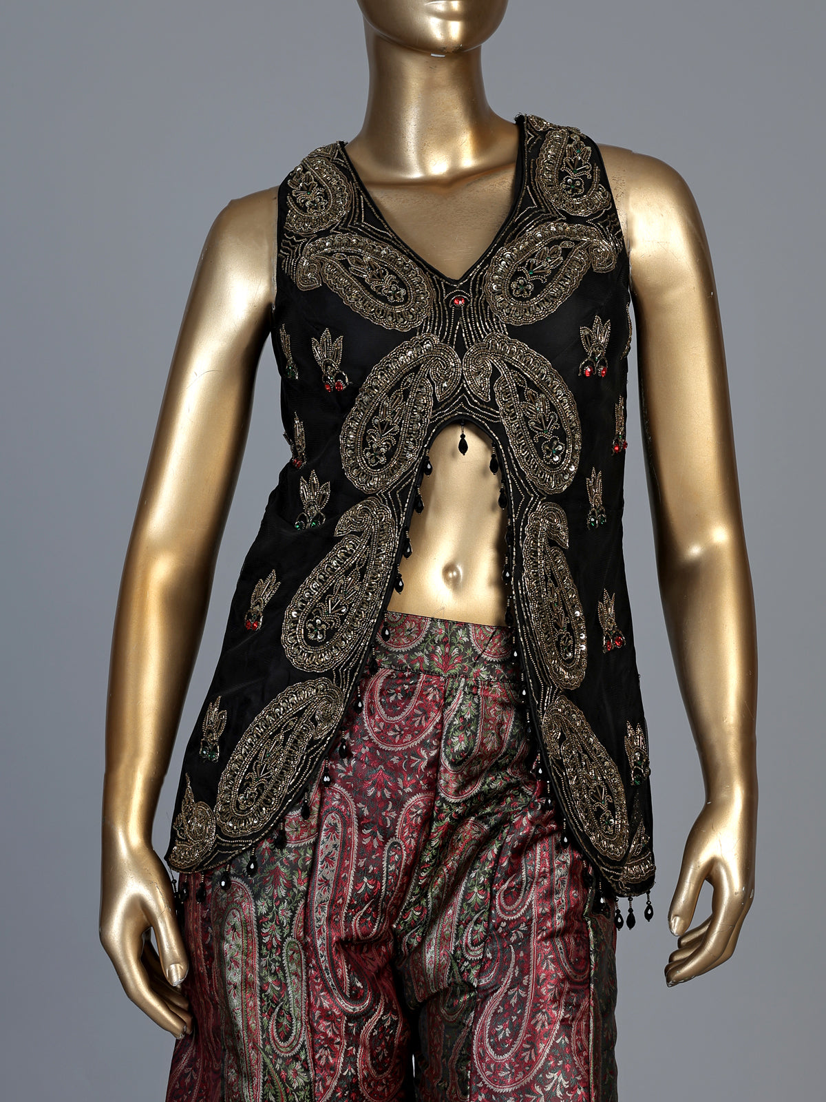Black printed silk banarasi palazzo suit with dupatta