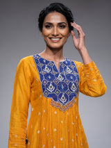 Mustard yellow silk anarkali suit with embellished dupatta