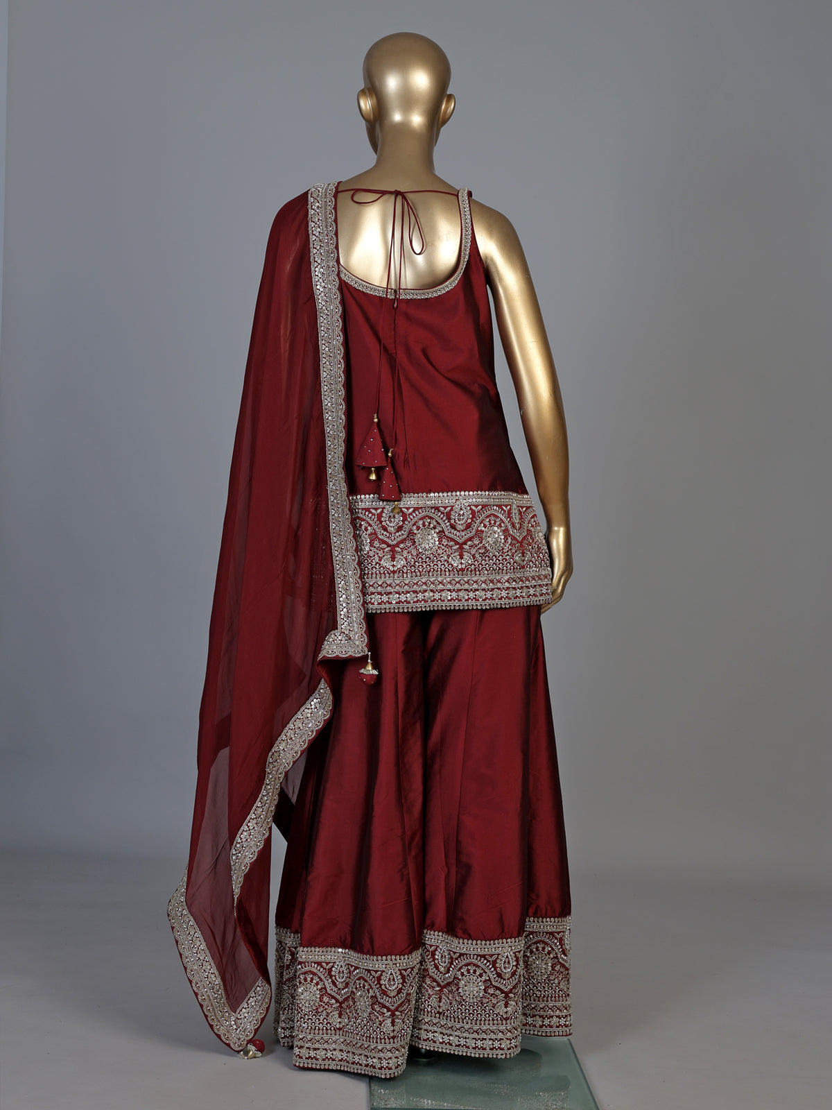 Maroon silk blend pakistani palazzo suit with dupatta