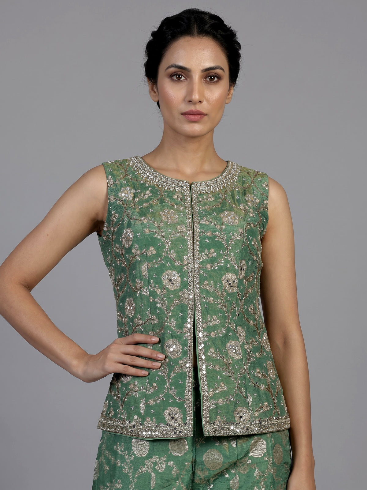 Pista green banarasi silk designer palazzo suit with dupatta