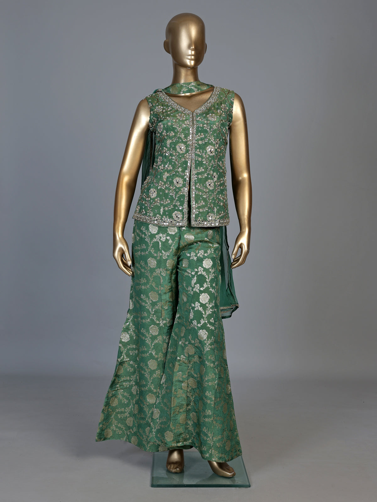 Pista green banarasi silk designer palazzo suit with dupatta
