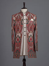 Cream red silk printed indowestern set for men