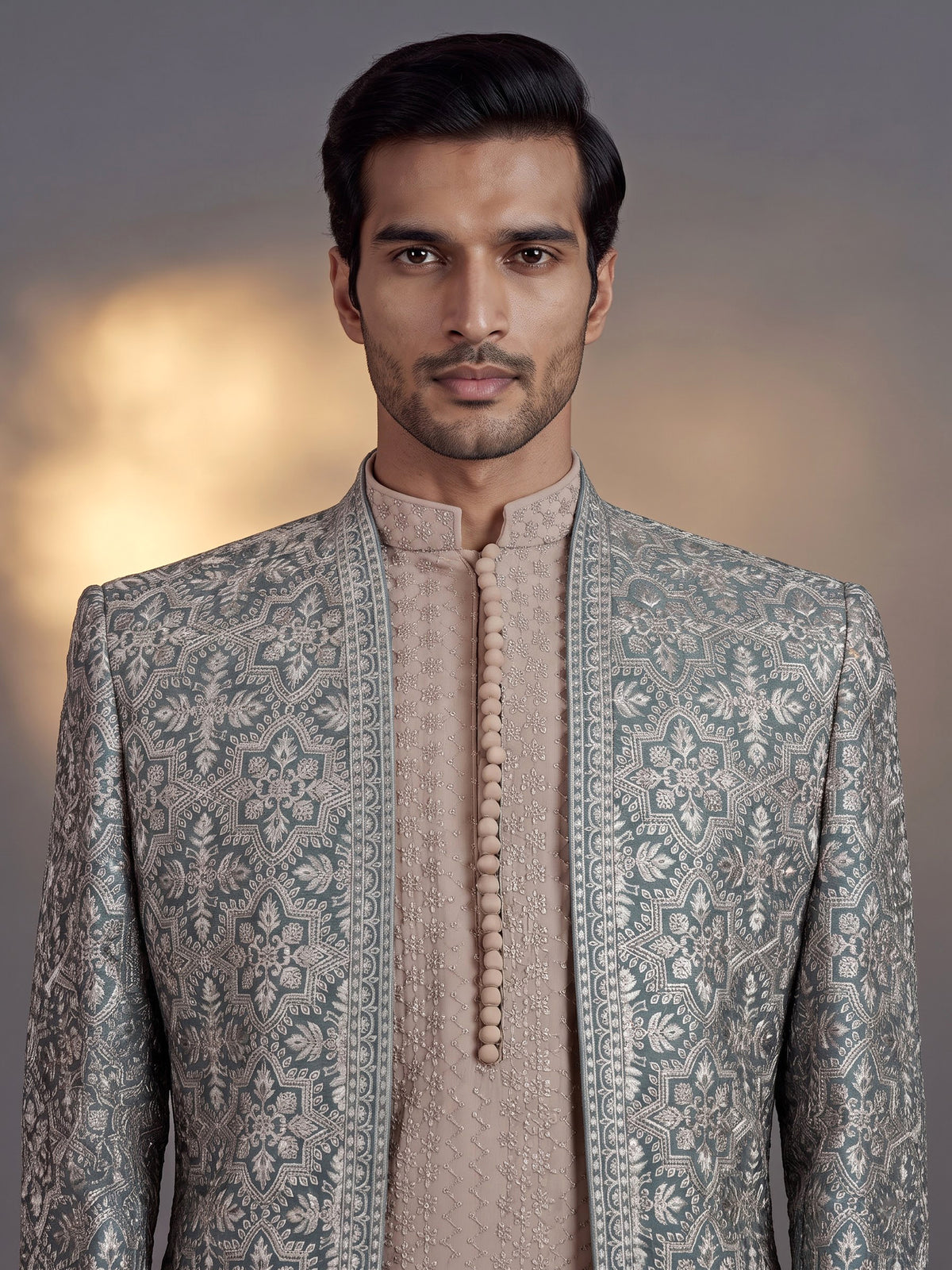 Beige green georgette silk indowestern set for men