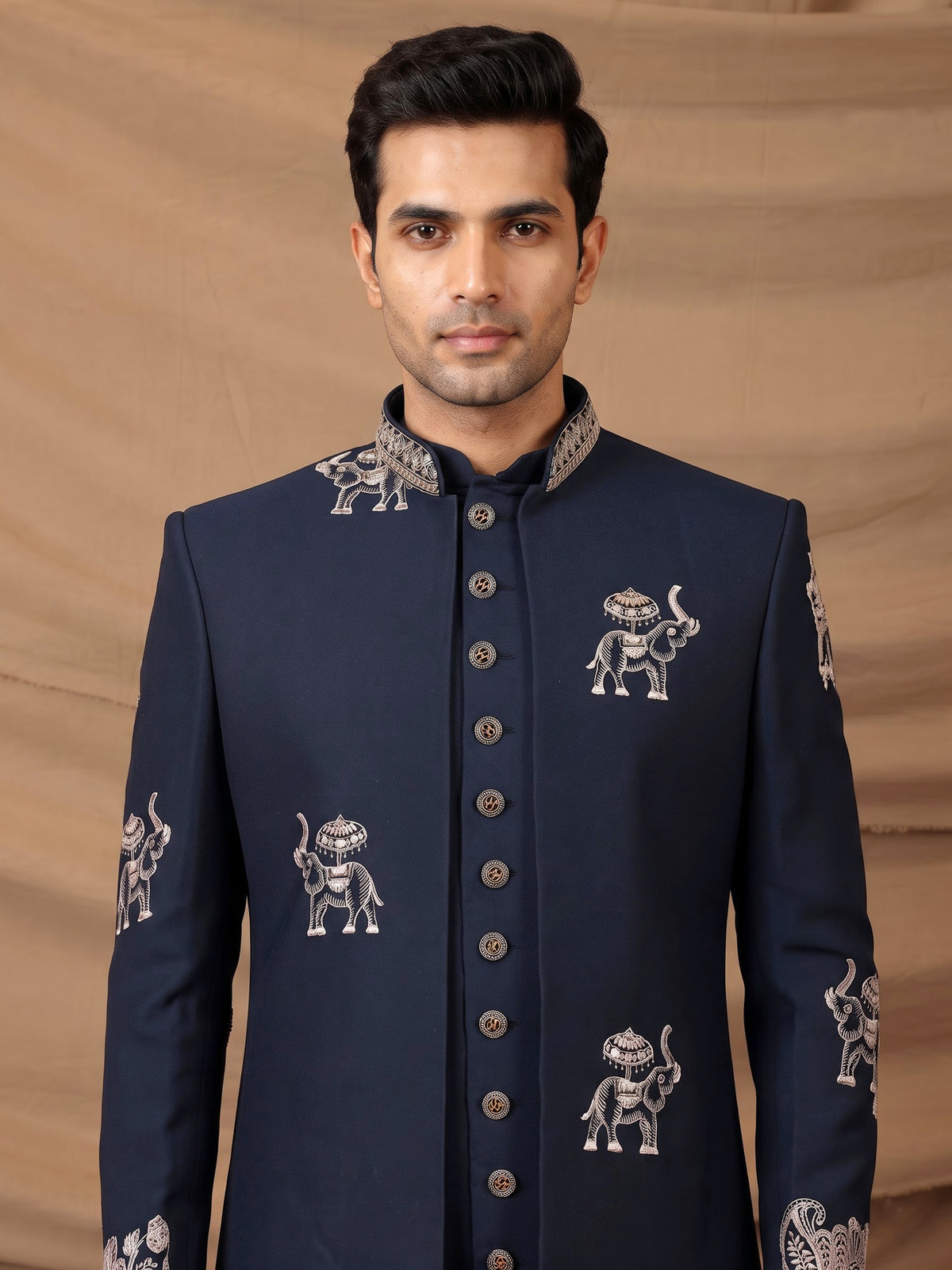 Navy terry rayon indowestern set for men