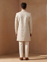 Cream cotton silk indowestern set for men