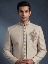 Beige jute indowestern set for men with festive detailing