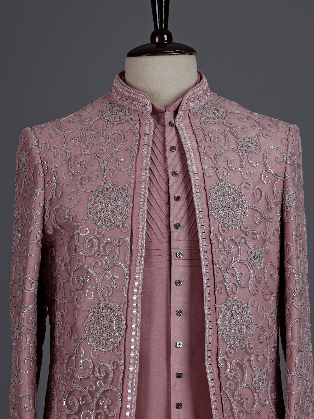 Onion pink silk net indowestern set for men
