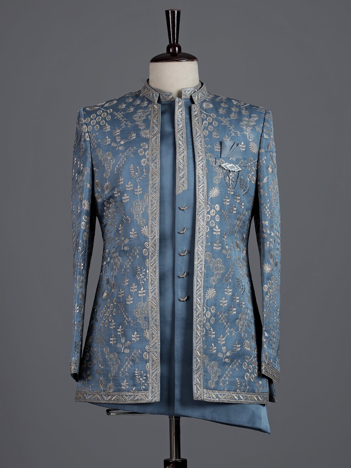 Stone blue silk blend indowestern set for men with jacket