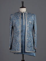 Stone blue silk blend indowestern set for men with jacket