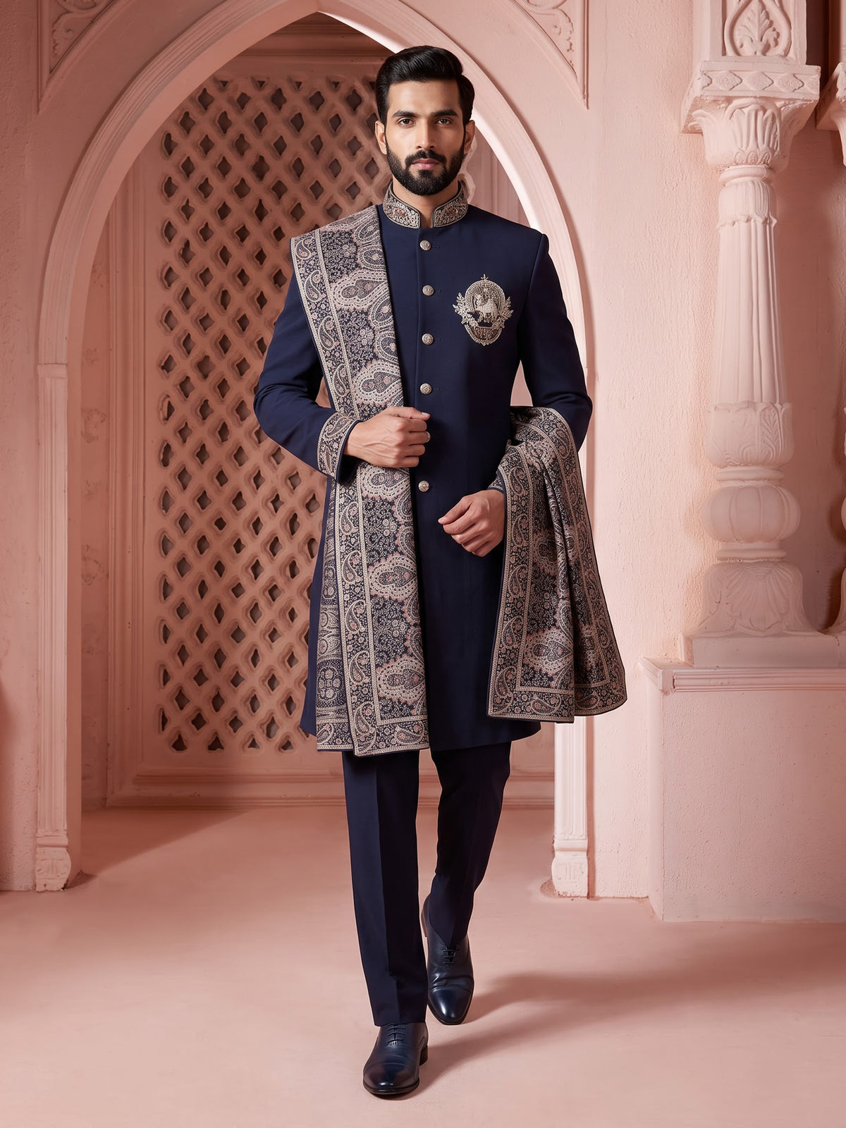 Navy terry rayon indowestern set for men with embellishments