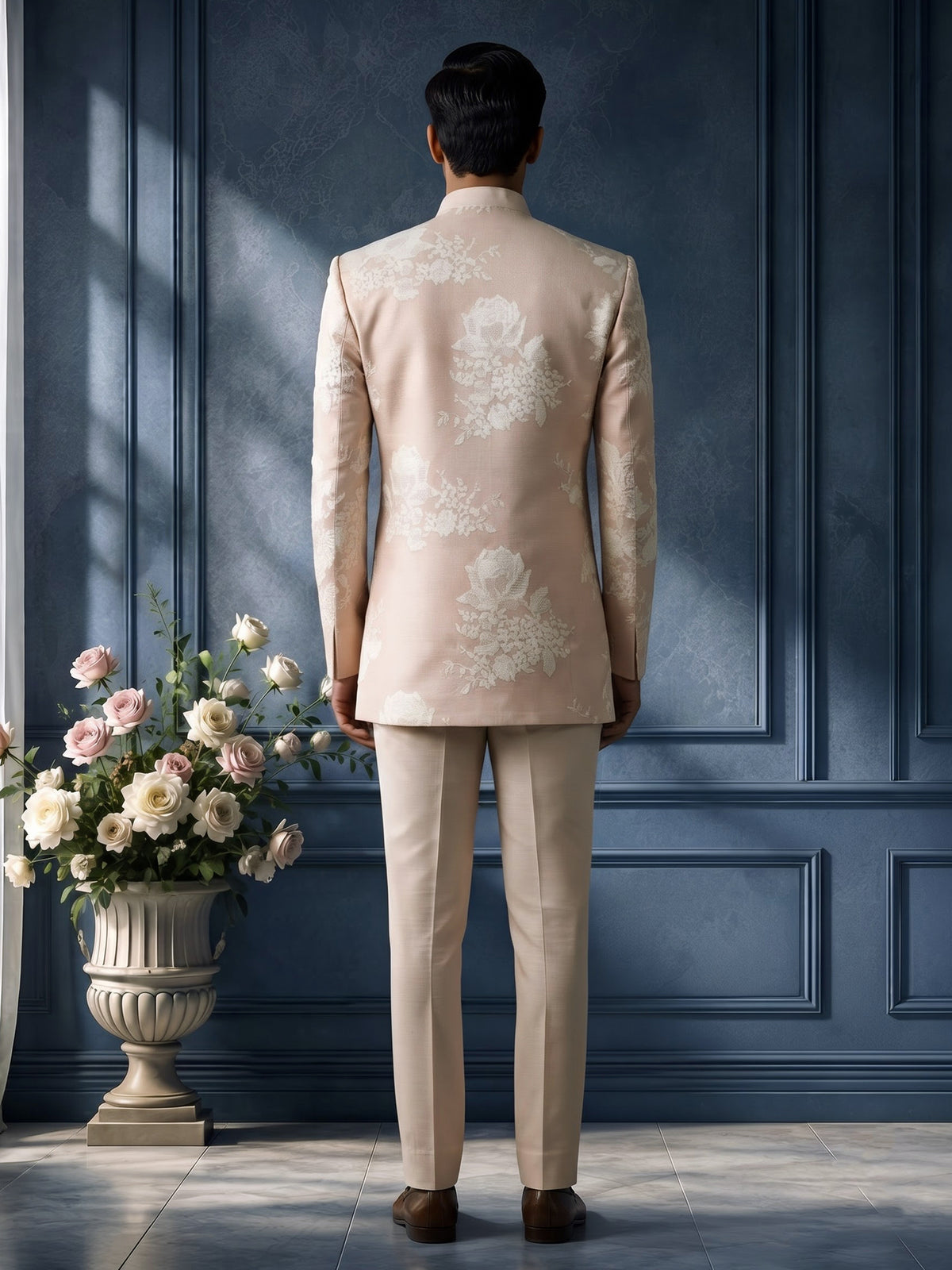 Light pink linen indowestern set for men with jacket