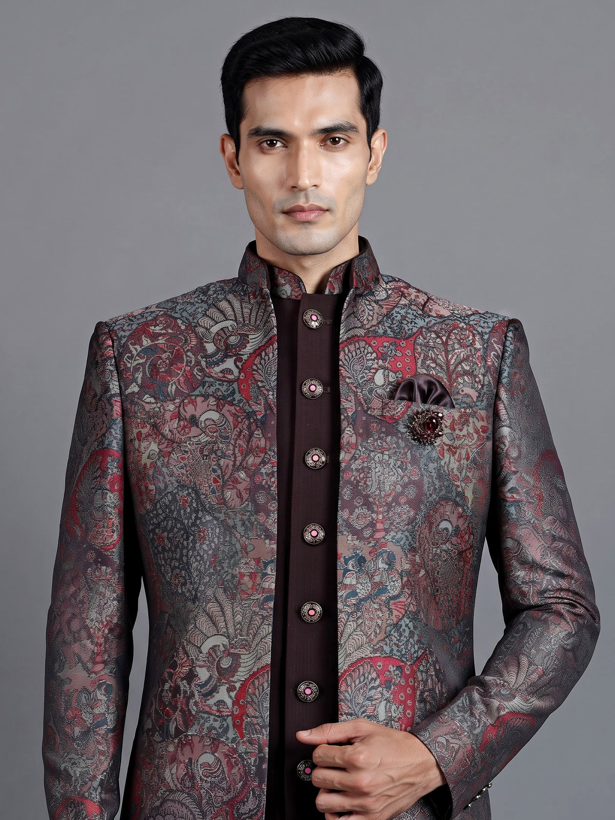 Dark wine brocade indowestern set for men with jacket