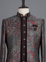 Dark wine brocade indowestern set for men with jacket